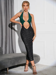 Glitter Colorblock Chain Detail Backless Halter Bodycon Dress