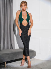 Glitter Colorblock Chain Detail Backless Halter Bodycon Dress