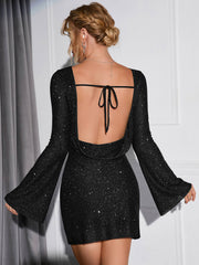 Backless Draped Glitter Mini Dress