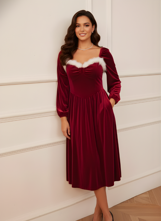 The Wine Red Velvet Lantern Sleeve Dress