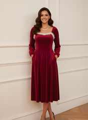 The Wine Red Velvet Lantern Sleeve Dress