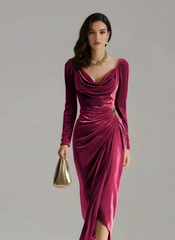 The Long Sleeve Pleated Long Slit Velvet Sheath Dress