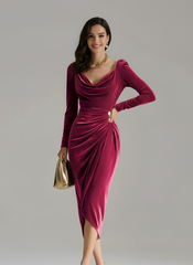 The Long Sleeve Pleated Long Slit Velvet Sheath Dress