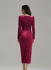 The Long Sleeve Pleated Long Slit Velvet Sheath Dress