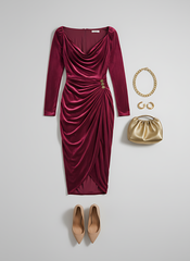 The Long Sleeve Pleated Long Slit Velvet Sheath Dress