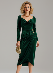 The Long Sleeve Pleated Long Slit Velvet Sheath Dress