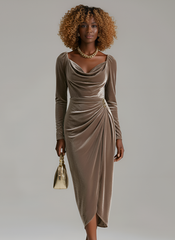 The Long Sleeve Pleated Long Slit Velvet Sheath Dress