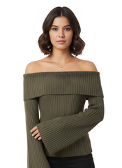 Off-Shoulder Ribbed Bell Sleeve Top