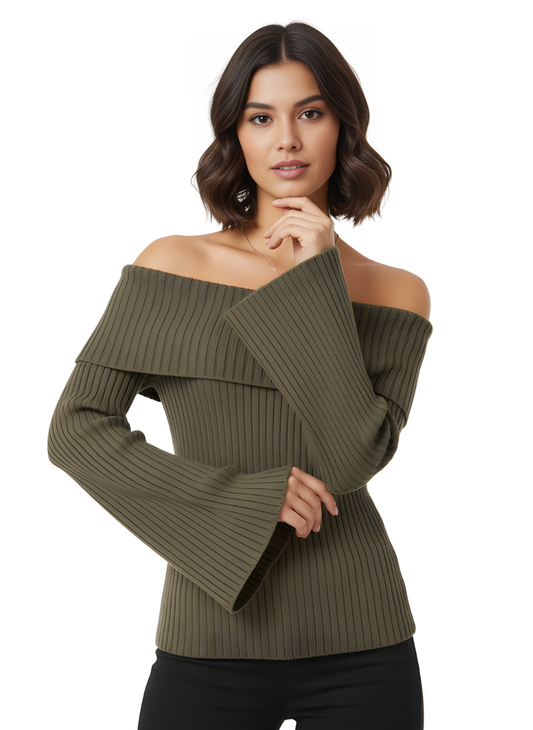 Off-Shoulder Ribbed Bell Sleeve Top
