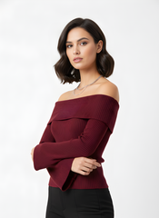 Off-Shoulder Ribbed Bell Sleeve Top