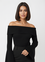 Off-Shoulder Ribbed Bell Sleeve Top